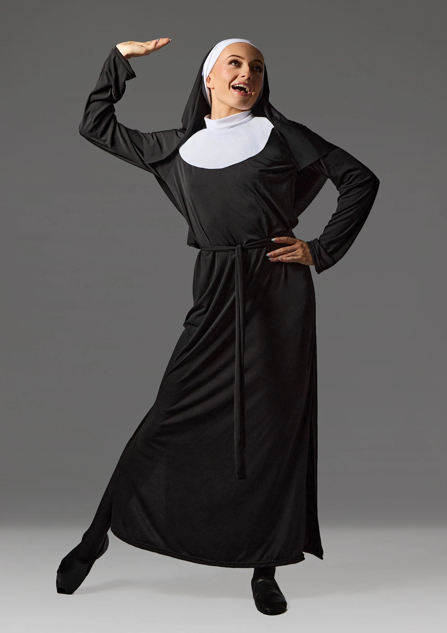 Nun Dress with belt, veil & collar White-Black Front [White]