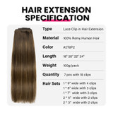 PROTEA #2T8P2 Color Lace Clip In Hair Extensions, Straight Brazilian Human Hair, 100G/pack Silky Soft