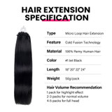 PROTEA Micro Loop Hair Extensions, Remy European Straight  #1 Jet Black Human Hair, 50g/pack Fish Line Hair