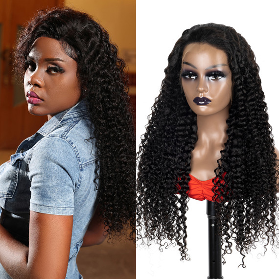 PROTEA Human Hair Wig, Beginner Friendly Jerry Curly #1B Natural Black 13*4 Frontal Wig, 180% Density