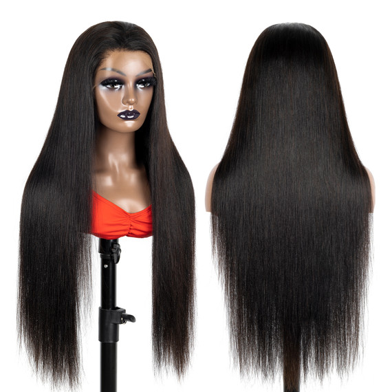 PROTEA Human Hair Wig, Beginner Friendly Yaki #1B Natural Black 13*4 Frontal Wig, 180% Density For Black Women