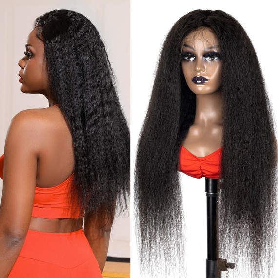 PROTEA Human Hair Wig, Kinky Straight #1B Natural Black 13*4 Frontal Wig, 180% Density