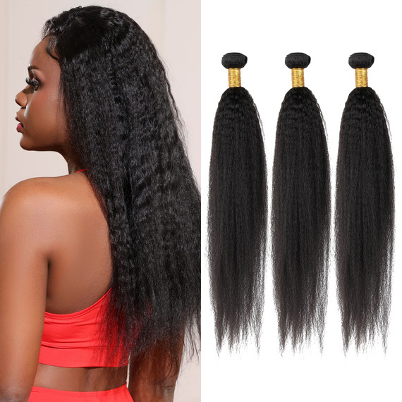 PROTEA Hair Weave, Kinky Straight Human Hair Weft, With 3PCS, Total 300G/10.58oz, 12A Brazilian Hair For Ladies