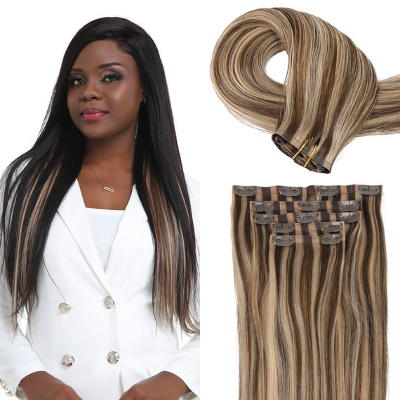 PROTEA #4P18 Color Human Hair Seamless Clip In Hair Extensions,  Straight 10 to 24 Inch, 100G 5PCS