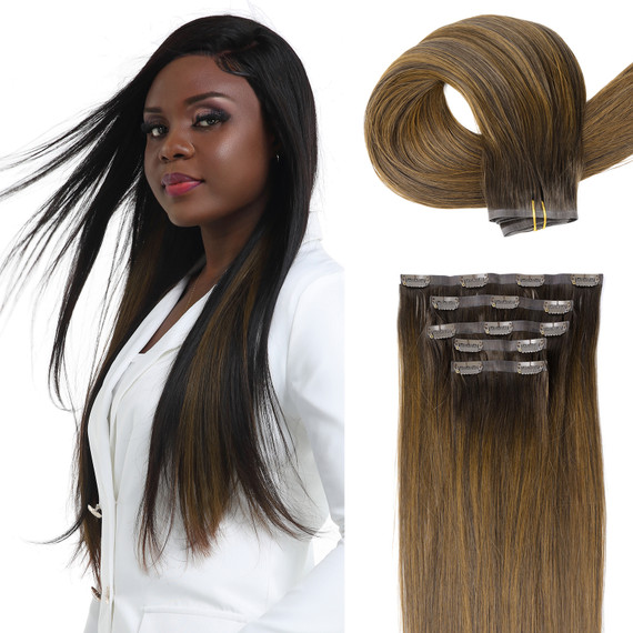 PROTEA #2T6P2 Color Human Hair Seamless Clip In Hair Extensions,  Straight 10 to 24 Inch, 100G 5PCS