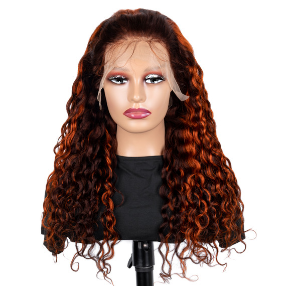 PROTEA Premium Human Hair Wigs, #4/350 Color Water Wave Full Frontal Lace 13*4 Wig, 200% Density, 22 Inch Bye Bye Knots