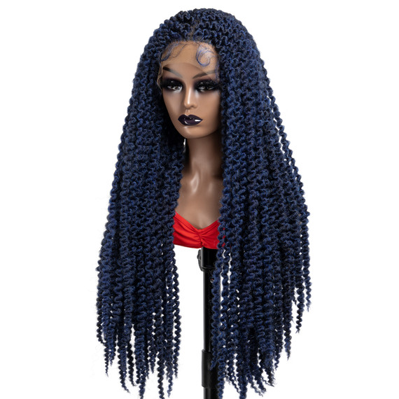 PROTEA Black Mix Blue Twist Braided Frontal Lace Wigs With Baby Hair Synthetic Embroidery 28 Inch