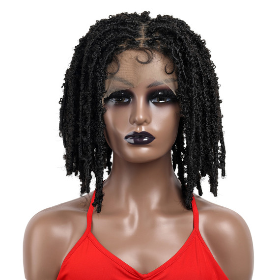 PROTEA Curly Dreadlock Wig Short Twist Synthetic Braided Wigs, #1B Natural Black Hand-Made Lace Front Rock Roll Braid 14 Inch