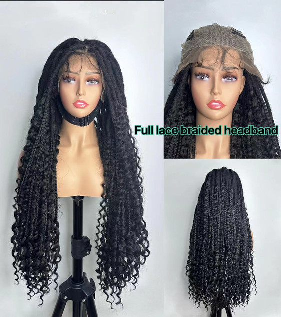 Protea Box River Locs Cornrow Braids, Synthetic Natural Black Full Lace Front Hand Braided Wig For Black Women