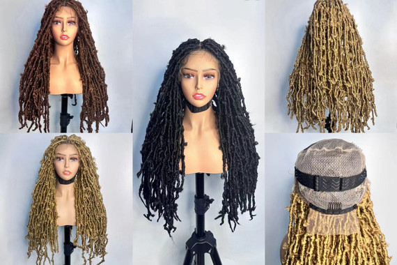 Protea Handmade Distressed Butterfly Locs Twists, Synthetic Full Lace Front Braided Wig With Curly Ends