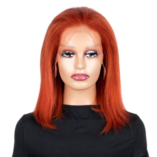 Protea #350 Bright Red Copper Bob Wig, Straight Human Hair Big 13*4 Frontal Lace BOB Wig, 200% Density Easy Wear To Go