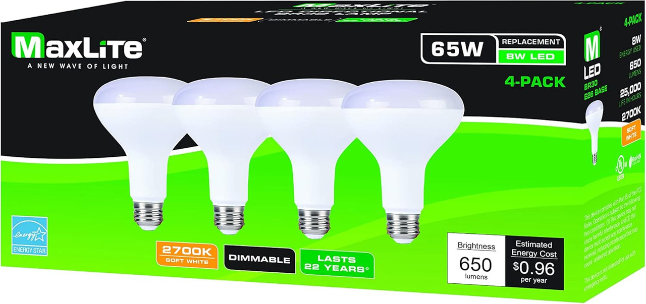 Wingstack Qp Maxlite 8W Dimmable LED BR30 Reflector 2700K 650lm (4 pack) Wingstack ...
