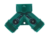 Orbit Plastic 2-Way Shut-Off Hose Y Adapter 67745 with dual shut-off levers and swivel hose connection