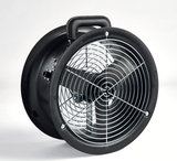 The Energy Conservatory Duct Blaster fan with calibrated flow rings, fan speed controller, fabric cover, trim piece, and foam foot