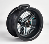 The Energy Conservatory Duct Blaster fan with calibrated flow rings, fan speed controller, fabric cover, trim piece, and foam foot