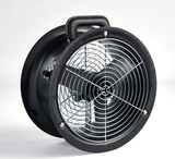 The Energy Conservatory Duct Blaster fan with calibrated flow rings, fan speed controller, fabric cover, trim piece, and foam foot