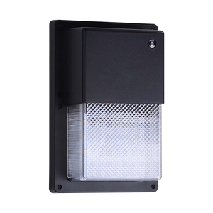 Simply Conserve 15W LED mini wall pack with black housing, clear polycarbonate lens, and integrated photocell