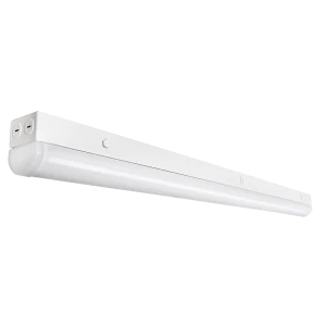 Simply Conserve 4 ft field-adjustable LED linear strip light with white housing, rounded lens, and surface-mount design