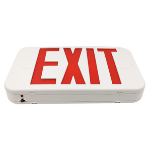 Simply Conserve LED exit sign with selectable red or green letters, dual face option, and emergency battery backup