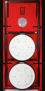 The Energy Conservatory Minneapolis Blower Door 2-fan system with two Model 3 fans, red nylon panel, commercial aluminum frame, and two DG-1000 gauges