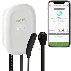 Emporia EMEVSE1-A-N-T white Level 2 EV charger with NACS/Tesla connector, NEMA 14-50 plug, and mobile app control