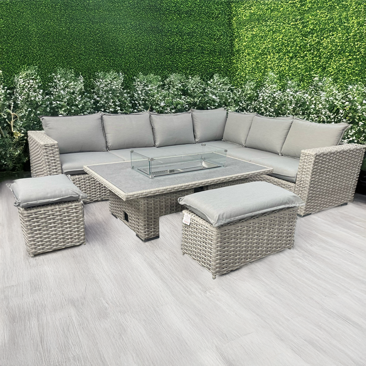 Grey Rattan Garden L Shape Sofa Fire Pit Table The Online Sofa