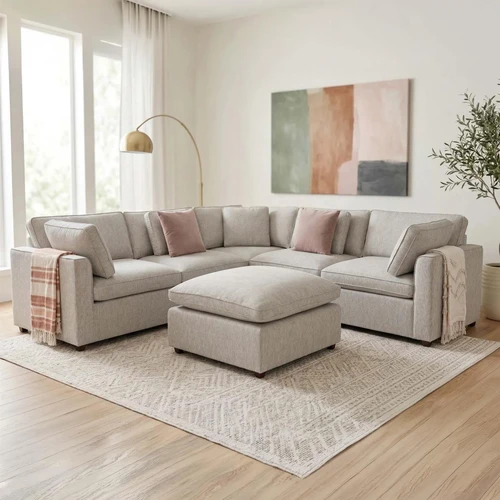 Seaton Grey 5 Seater Linen Weave Corner Sofa with Footstool