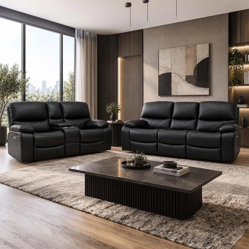 Bentley Black Leather Electric Reclining 3 + 2 Seater Sofa Suite