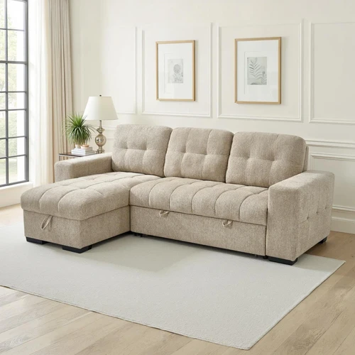 Luna Beige Universal Corner Sofa Bed with Storage Chaise