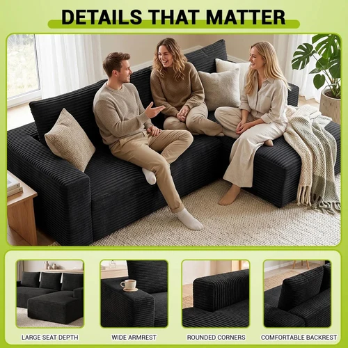 Lilly L-Shaped Corduroy Cloud Sofa with Chaise – Beige or Black