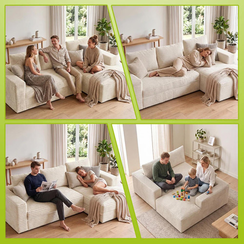 Lilly L-Shaped Corduroy Cloud Sofa with Chaise – Beige or Black