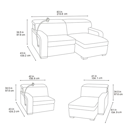 Grande Corner L Shaped 2 Seater Chaise Power Sliding Charcoal Fabric