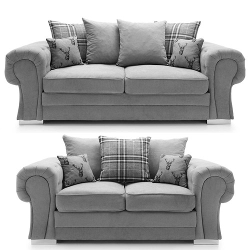 Milan Scatter Back Sofa suite Grey Fabric Living room Furniture Cheap Sofa Set Chester Field Modern tufted Rolled Arms chesterfield