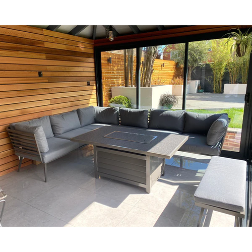 Mayfair Corner Lounging Set with Rectangular Firepit – Grey