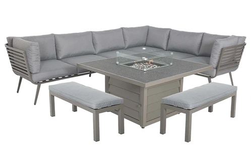 Mayfair Corner Lounging Set with Square Firepit – Grey