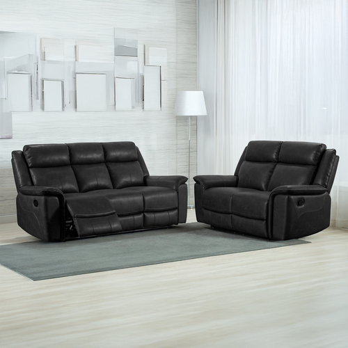 Toronto 3 + 2 Manual Reclining Leather Like Sofa Suite Black or Grey