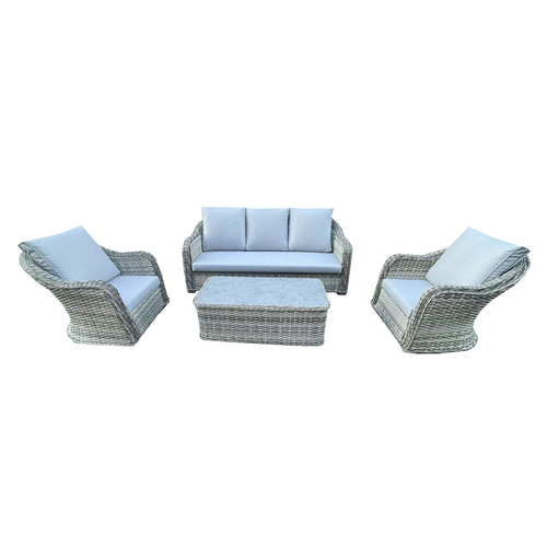 4 Piece Grey Rattan Lounge Set With Glass Top Coffee Table