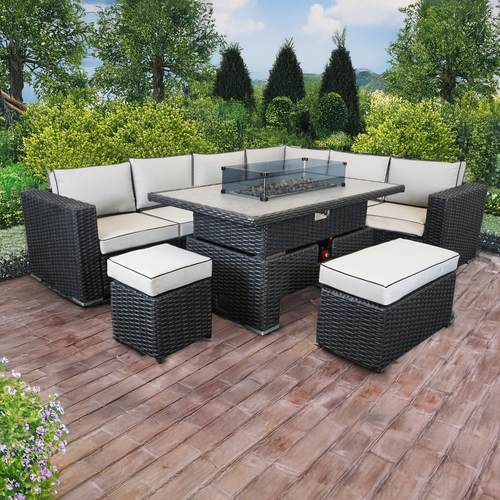 L Shaped 9 Seater Black Rattan Patio Set With Fire Pit Table