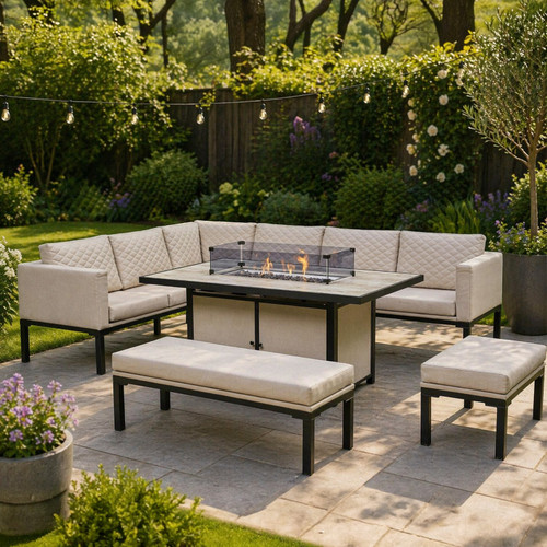 L Shaped 9 Seater Beige Garden Patio Set + Fire Pit Table