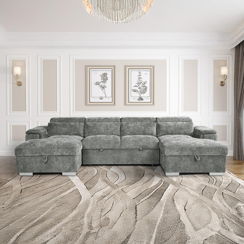 Alora Grey Fabric U-Shaped Sofa with Storage & Headrests