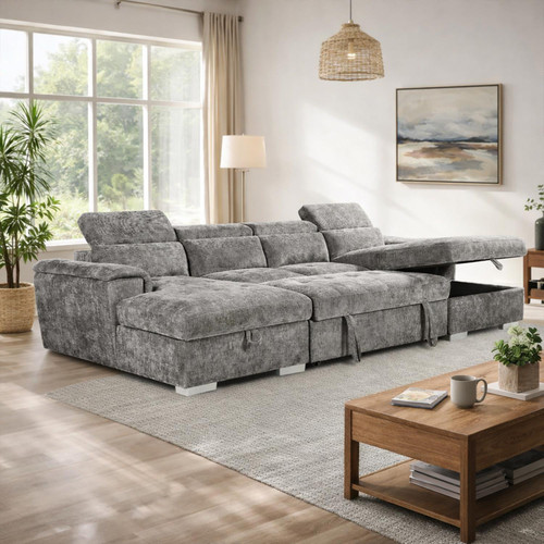 Alora Grey Fabric U-Shaped Sofa with Storage & Headrests