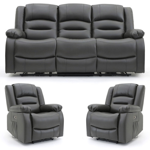 Arlo Grey 3 Piece Electric Reclining Sofa Suite 3 2 1 Drinks Tray Cup Holders Smart USB Charging
