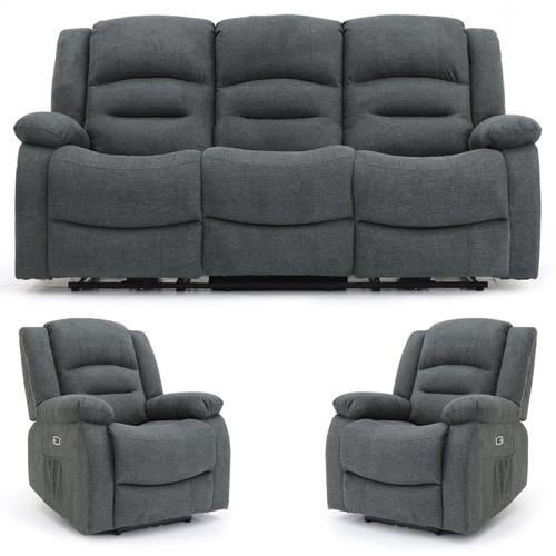 Arlo Grey Fabric 3 Piece Electric Reclining Sofa Suite 3 + 1 + 1 USB + Drinks Tray