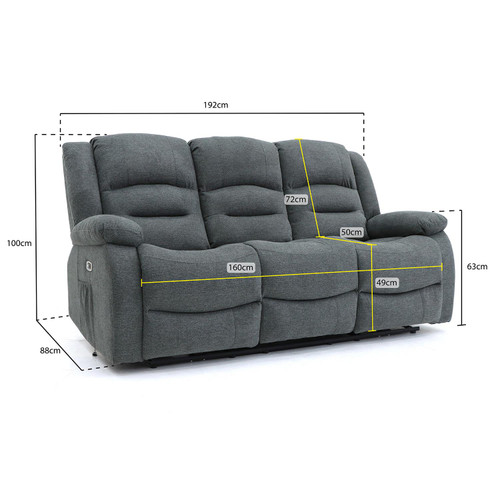 Arlo Grey Fabric 3 Piece Electric Reclining Sofa Suite 3 + 1 + 1 USB + Drinks Tray