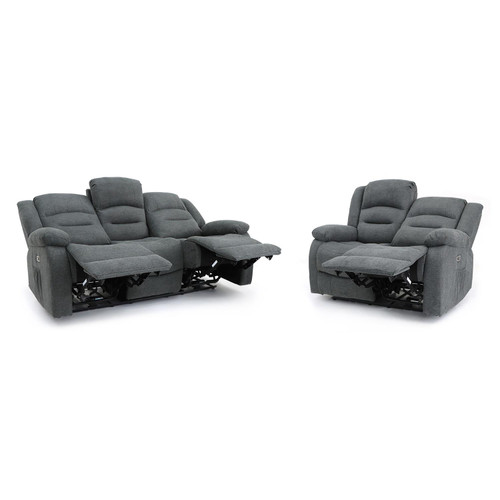 Arlo Grey Fabric Electric Reclining Sofa Suite 3 + 2 USB + Drinks Tray