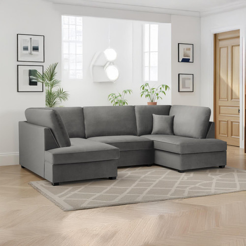 California Plush Velvet Beige, Black or Grey U shaped 6 Seater Sofa