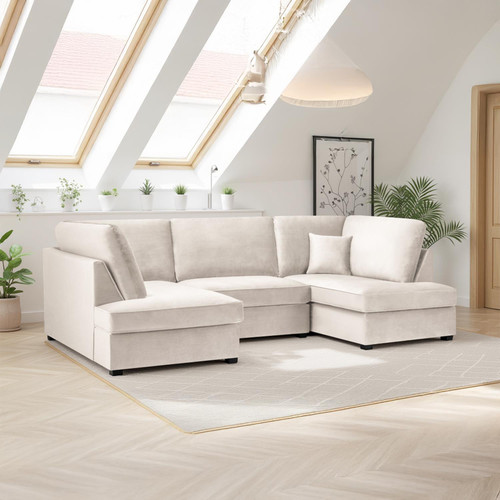 California Plush Velvet Beige, Black or Grey U shaped 6 Seater Sofa