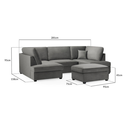 California Plush Velvet Beige, Black or Grey U shaped 6 Seater Sofa