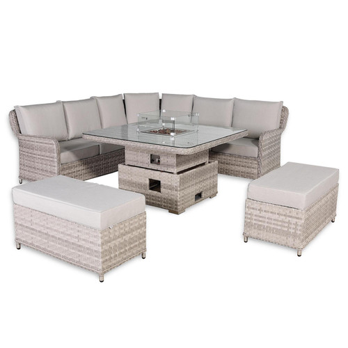 Outdoor Rattan Corner Sofa Set with Rising Fire Pit Table