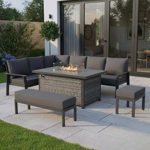 Outdoor Aluminium Corner Sofa Set with Fire Pit Table Left Hand Facing